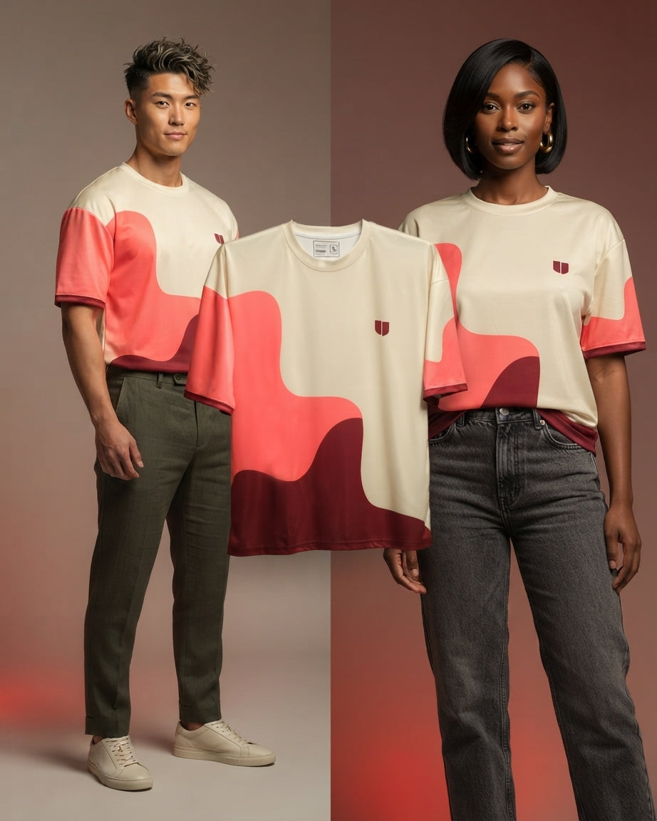 Weavy Paneled Tee — Coral & Maroon